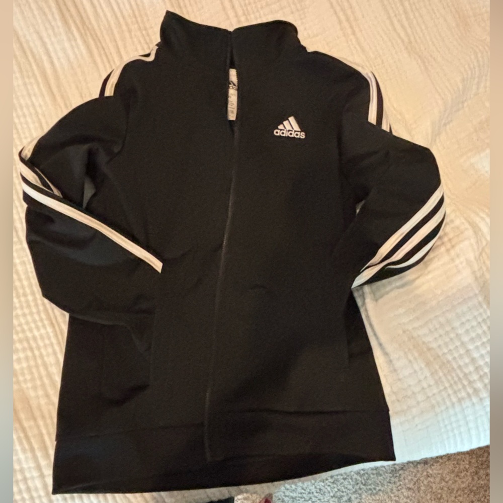Adidas Black Jacket with White Stripes Size M 10-12